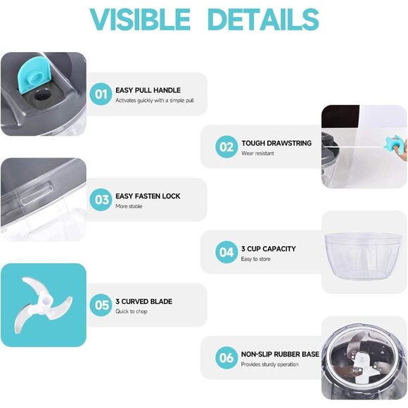 Compact 500ml Manual Food Chopper - Hand-Pull Vegetable & Garlic Mincer, - Picture 8 of 9